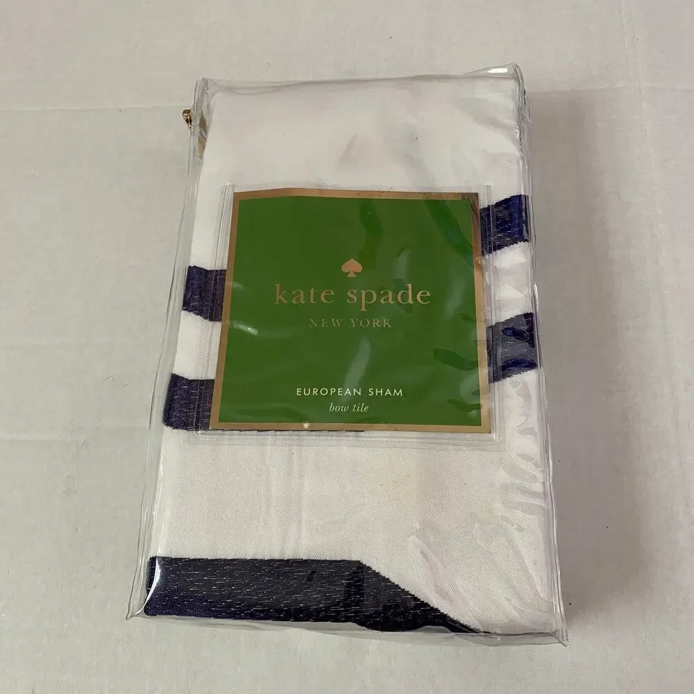 Kate Spade Bow Tile European Sham White Navy Blue Cotton Pillow Cover Single NIP